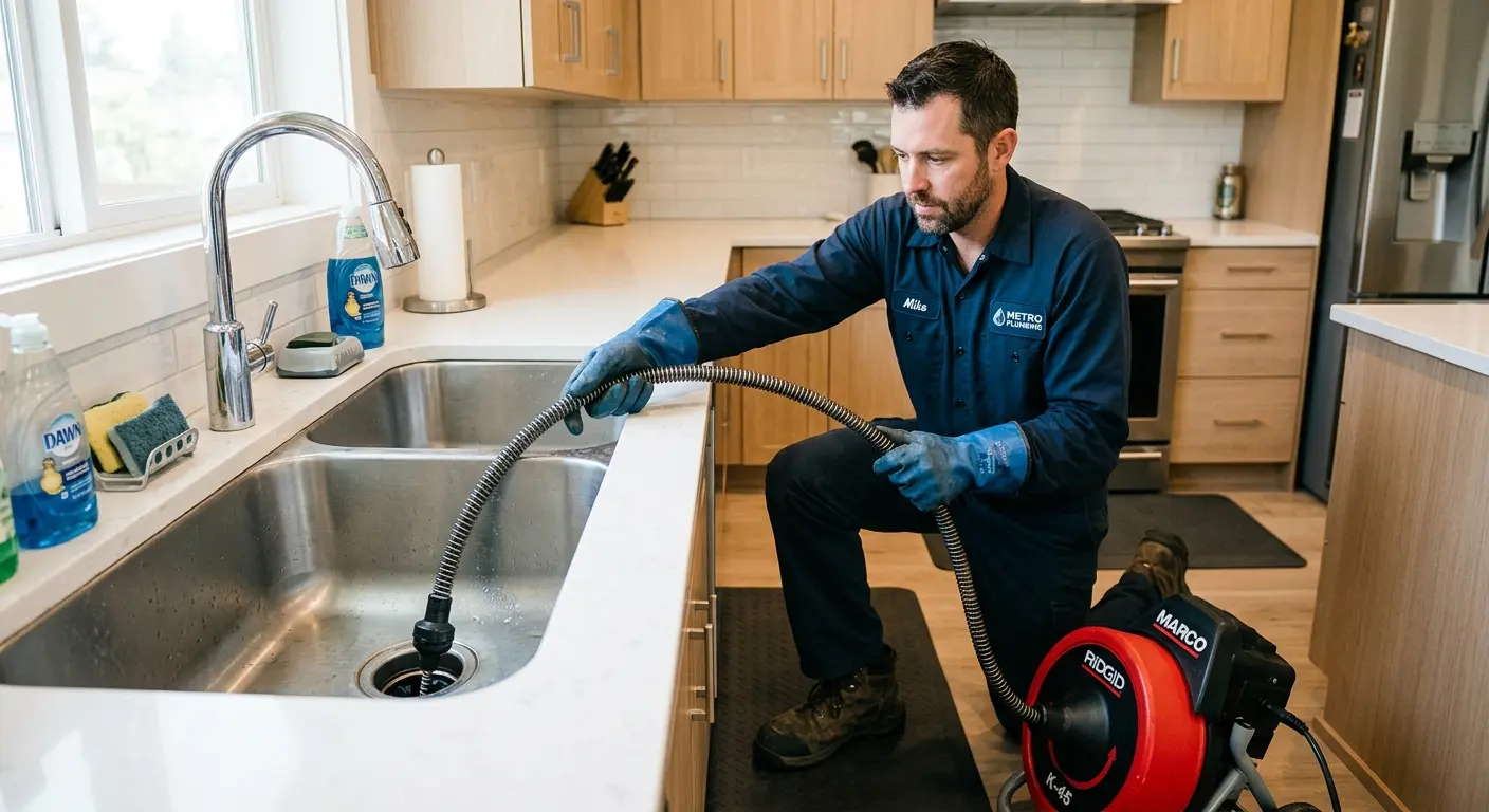 Drain cleaning technician using a motorized snake on a kitchen sink in Wildwood