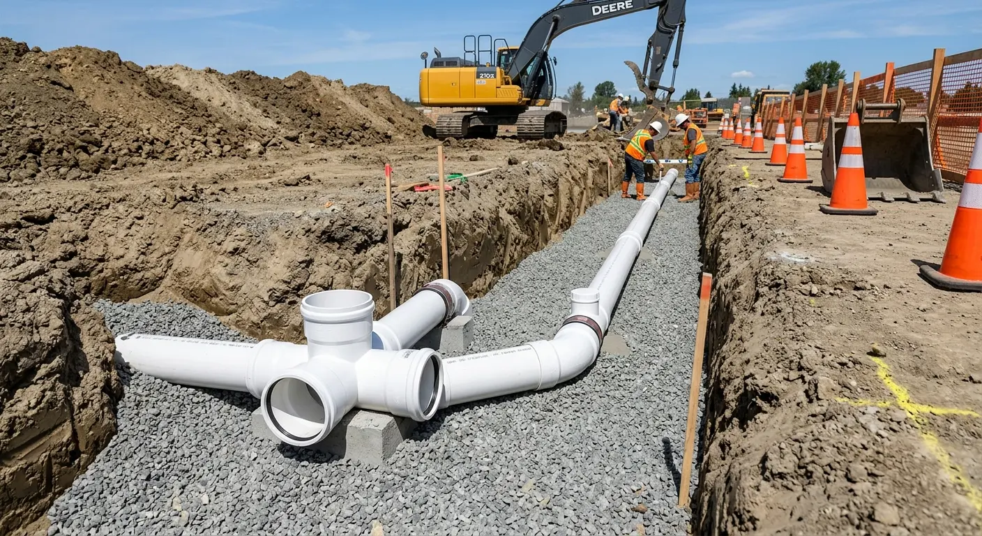 New PVC sewer pipe installation in open trench for Grease Trap Cleaning in Wildwood