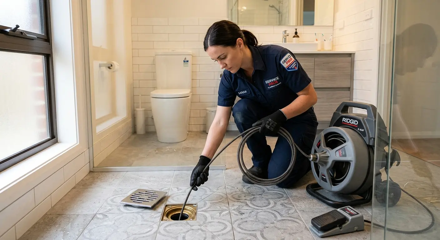 Technician clearing a bathroom floor drain for Hydro Jetting in Wildwood
